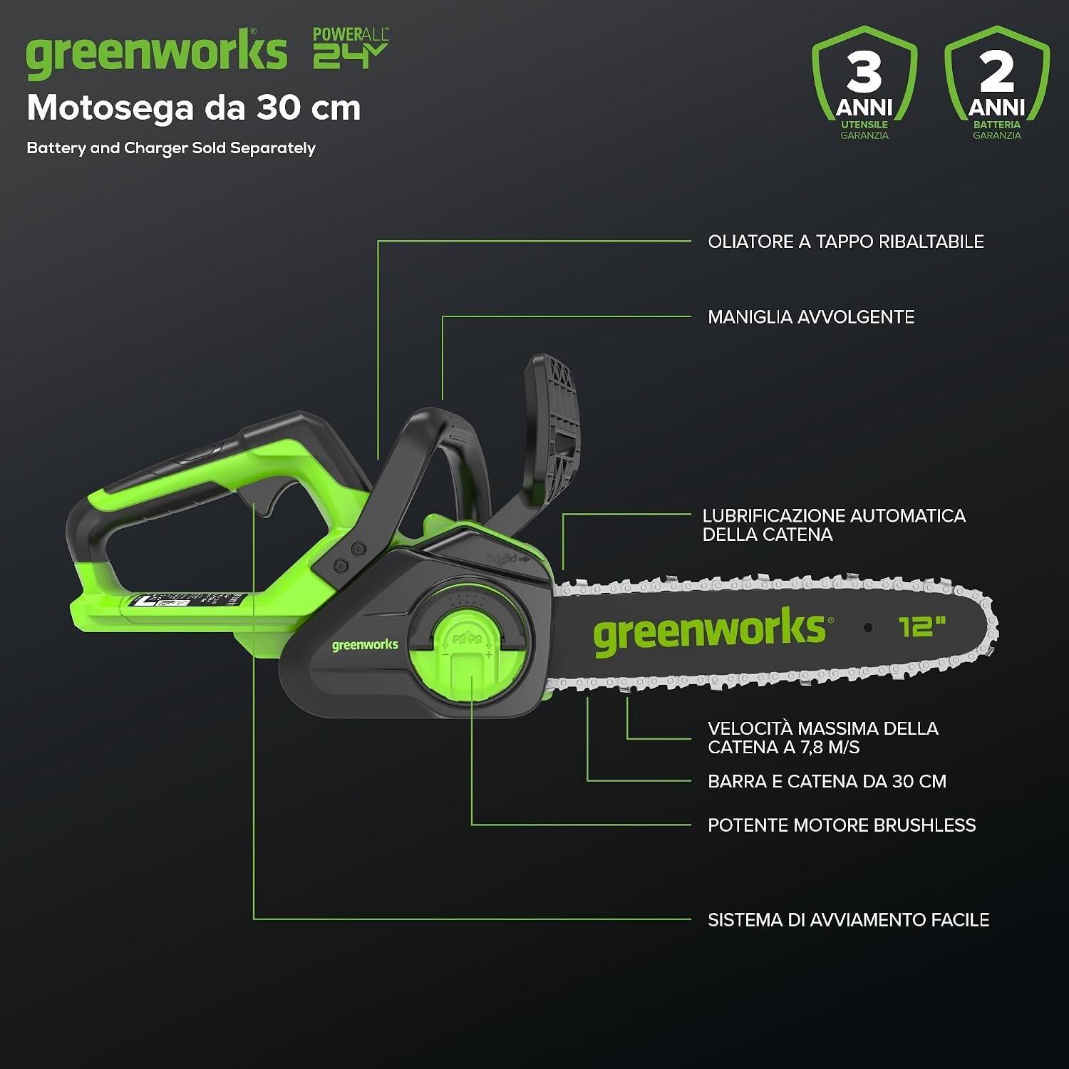 Greenworks GD24CS30 motosega a batteria 24V - immagine 2