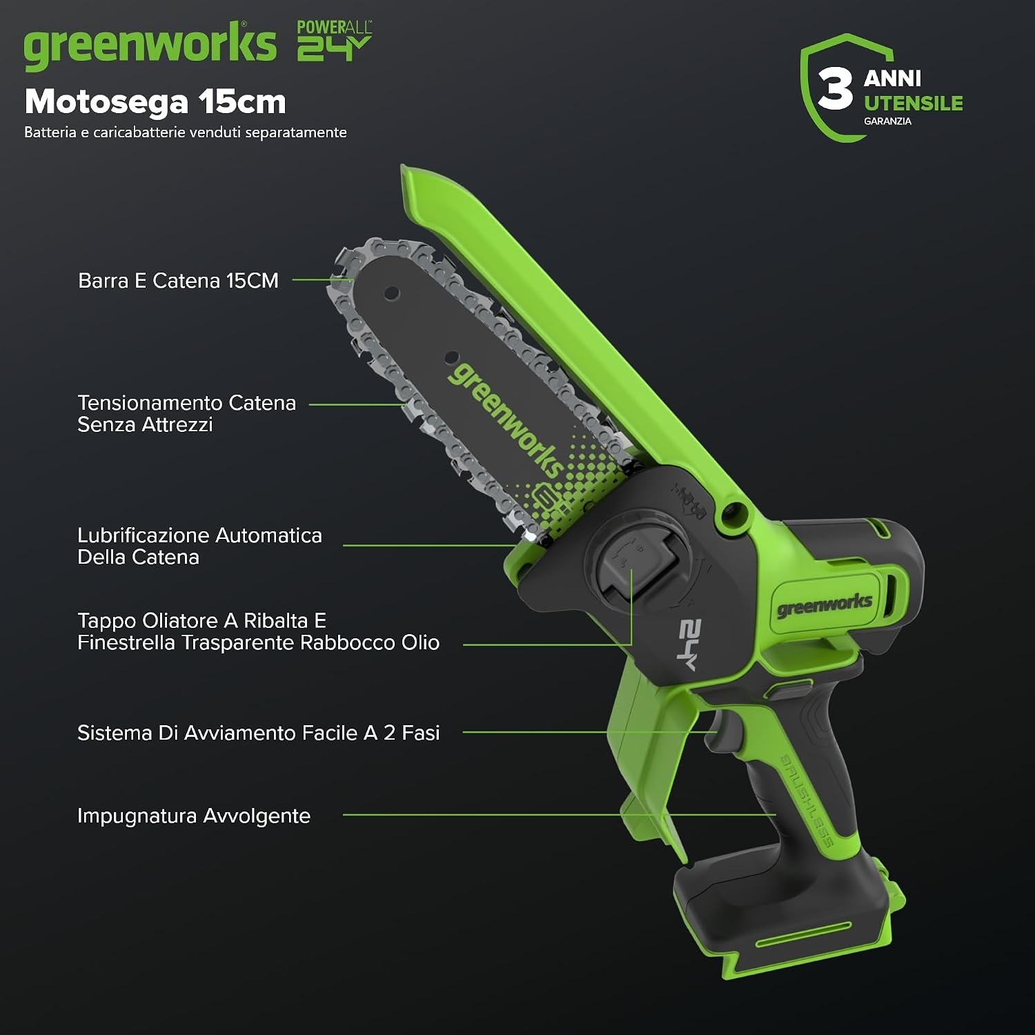 Caratteristiche della motosega Greenworks 24V